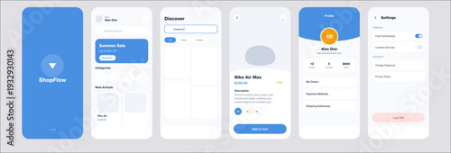 "A comprehensive mobile UI kit for an e-com featuring a sleek, professional aesthetic. The mood is clean, organized, and high-trust, utilizing a refreshing sky-blue 