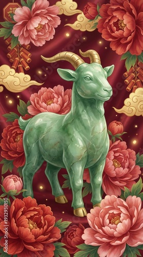 Wallpaper Mural Vertical jade green goat statue with red peonies and firecrackers. Chinese New Year 2027 zodiac ram illustration with floral decoration Torontodigital.ca