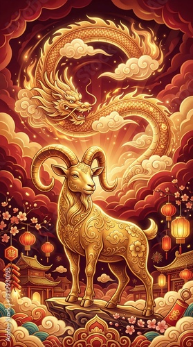 Vertical illustration of a golden goat and dragon for Chinese New Year 2027. Lunar New Year background with lanterns and clouds