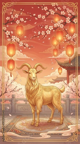 Wallpaper Mural Vertical illustration of a golden goat in a temple courtyard with lanterns. Chinese New Year 2027 festive scene Torontodigital.ca