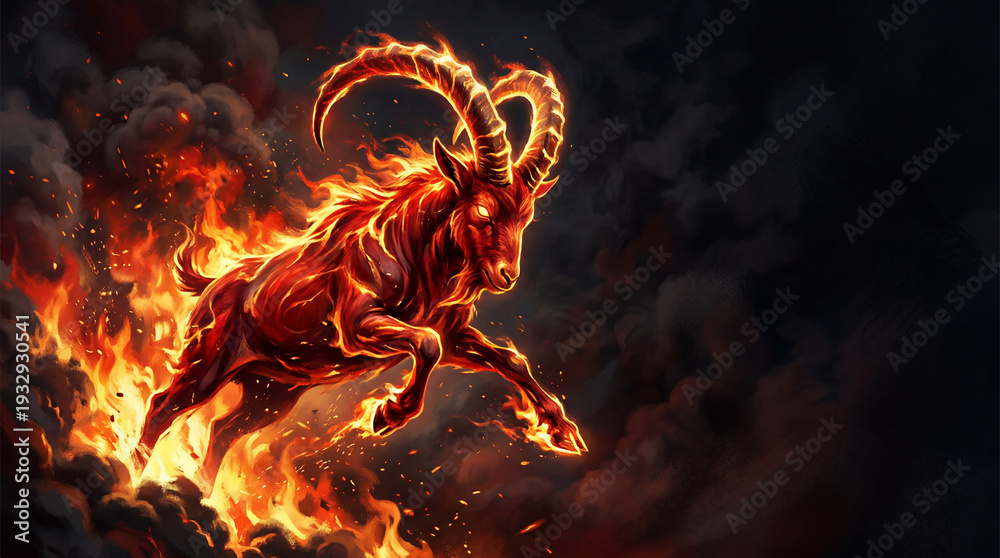 custom made wallpaper toronto digitalBurning fire goat running with smoke. Chinese Zodiac 2027 Year of the Goat. Fantasy elemental ram creature