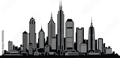 Black City Skyline Silhouette of Modern Urban Architecture With Skyscraper Buildings Isolated on White Background for Professional Corporate Design Projects