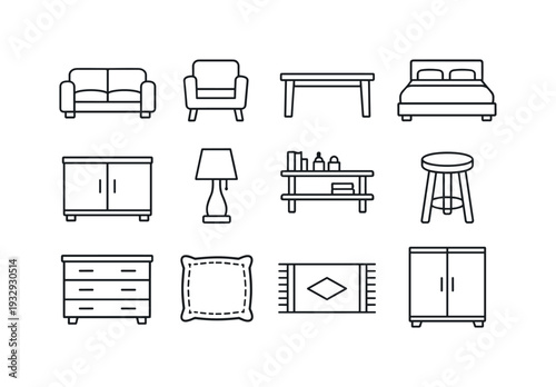 Furniture Icon Set. Line style vector icons of Furniture makeover icons: sofa, chair, table, bed; cabinet, lamp, shelf, stool;
