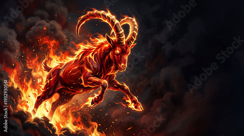 Wallpaper Mural Burning fire goat running with smoke. Chinese Zodiac 2027 Year of the Goat. Fantasy elemental ram creature Torontodigital.ca