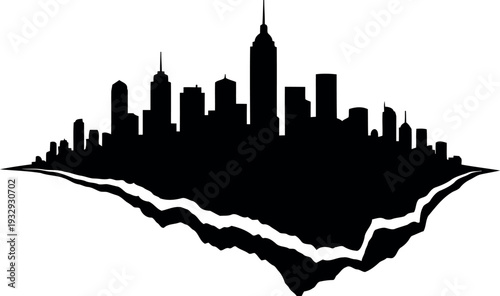 Urban city skyline silhouette with cracked ground isolated on white background for design and branding
