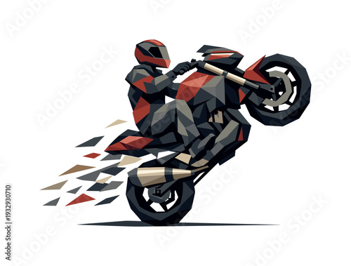 Motorcyclist performing a wheelie with a low-poly geometric style and abstract motion effect