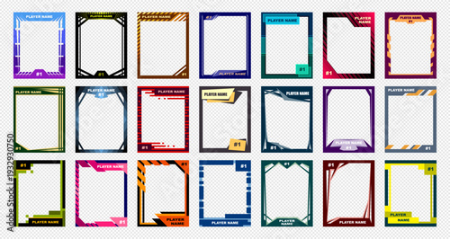 Colorful gaming card templates with player name placeholders and number tags