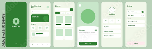 A refreshing and tranquil user interface design for a plant-based e-commerce app. The monochromatic green palette evokes growth and sustainability, while the minimalist, card-based layout creates a