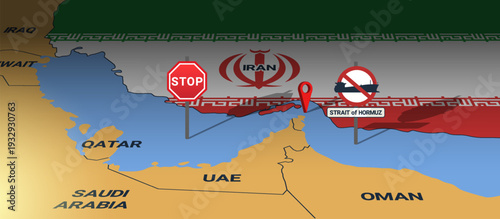 Vector 3D geographic banner. Volumetric graphic map of Middle East. Flag of Iran. Closed Strait of Hormuz. Prohibitory signs. Stop, ban oil tankers and gas carriers. Iranian flag. Infographic