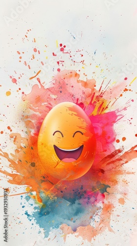 Cheerful orange Easter egg with laughing face surrounded by artistic paint splashes in warm tones, modern abstract composition on white background, energetic 3D render for festive branding concept.