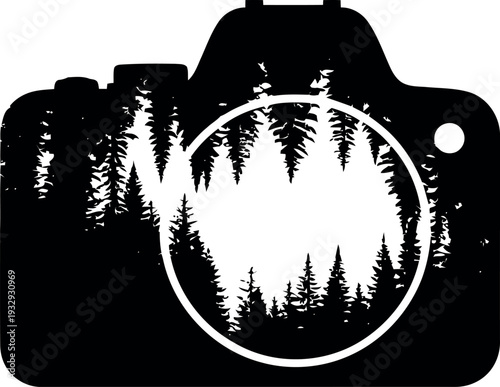 Silhouette Camera with Pine Forest Double Exposure Vector Illustration for Nature Photography Concepts