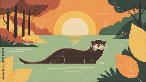 A stylized illustration of an otter in a serene nature scene at sunset. The otter is rendered in dark brown silhouette, positioned in the center of a light green river (3)_traced