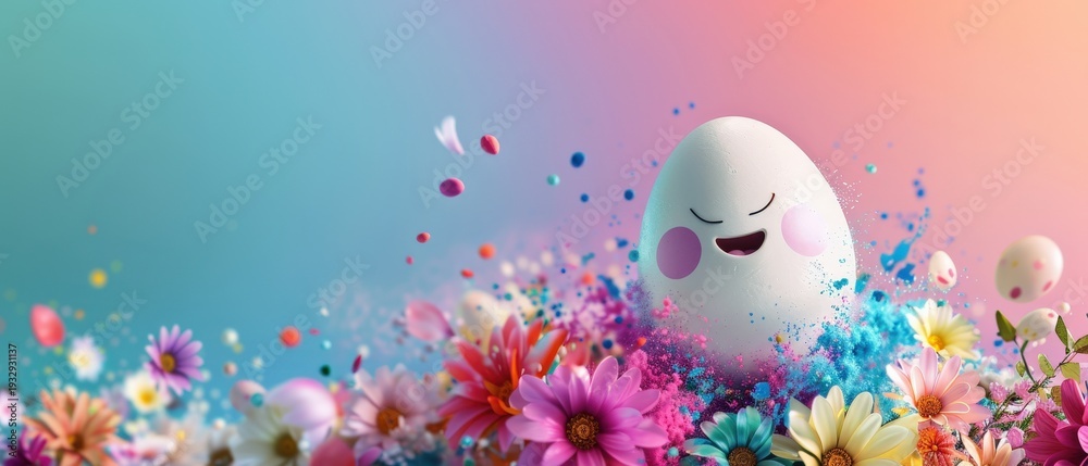 Fototapeta premium Smiling white Easter egg exploding with vibrant color powder among blooming flowers, clean gradient background with dynamic particles, energetic spring concept in glossy high detail 3D illustration.