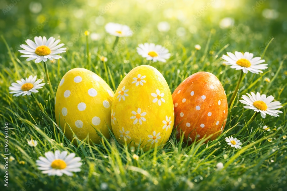 Fototapeta premium Dekorative Ostereier im Frühlingsgras mit Gänseblümchen, sonnig und farbenfroh inszeniert – ideales Motiv für Osterwerbung, Karten und saisonale Designs.