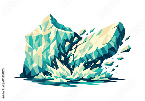 Abstract geometric mountain breaking apart with shards flying off in a dynamic explosion