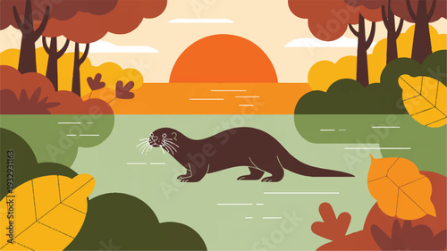 A stylized illustration of an otter in a serene nature scene at sunset. The otter is rendered in dark brown silhouette, positioned in the center of a light green river (4)_traced
