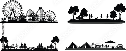 Black Silhouette Outdoor Leisure Vector Set Featuring Amusement Park Fairground Rides Public City Park People Camping Site and Summer Recreational Activities