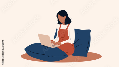 Serene Vector Illustration of Woman in Orange Dress Typing on Laptop Seated Cross-Legged on Pillows at Home