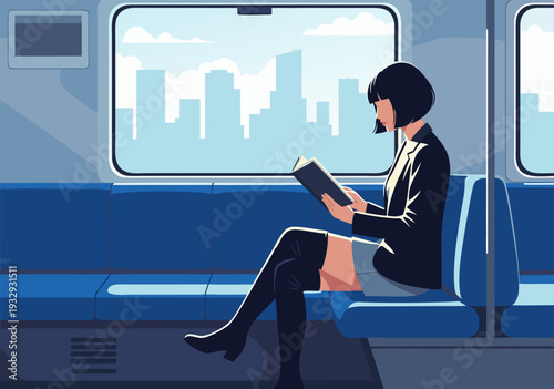 Vector Illustration of a Woman Reading a Book on a Subway in Minimalist Cartoon Style with Cityscape Background