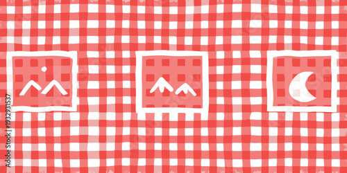 Red and white gingham background with illustrated food icons