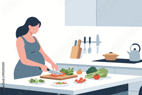 A Pregnant Woman Is Cooking Salad In The Kitchen Illustration Creative Design Template 