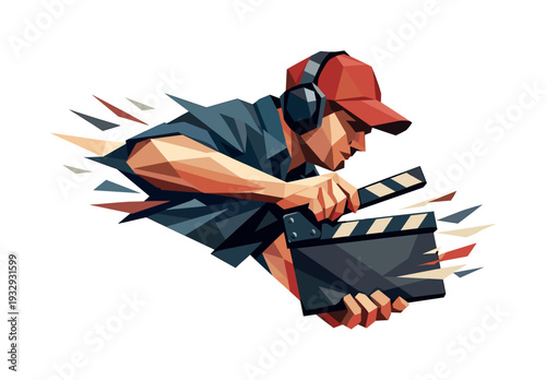 Filmmaker with headphones and clapperboard in dynamic geometric low poly style
