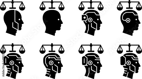 Human AI ethics icon set, justice balance scales, robotic and human head silhouettes, artificial intelligence decision-making, technology responsibility vector illustration