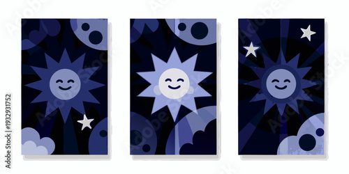 Three stylized panels depicting smiling suns moons and stars