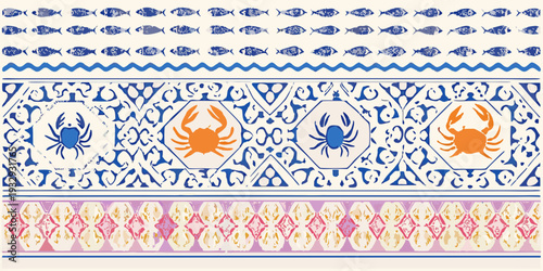 Repeating pattern of fish crabs and geometric designs in blue and orange