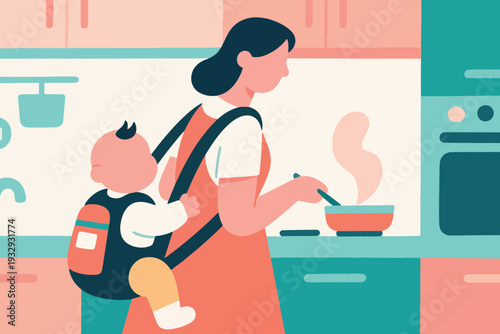 Cartoon of a Mother Holding Her Baby While Cooking Illustration Creative Design Template 