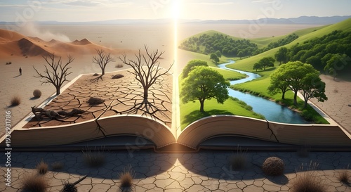 Earth day a split landscape of desolate barrenness and lush greenery symbolizing environmental conservation and sustainable future