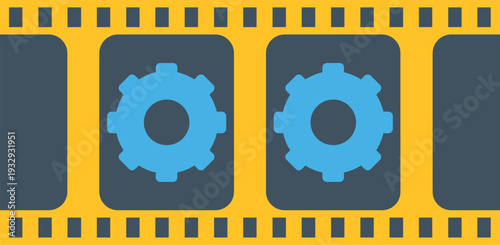 Film strip showing blue gears representing video settings, editing, and content production