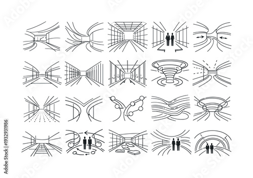 Line vector icons of a corridor designed to steer movement and thinking: curved flow lines, wall-guidance arcs, cognitive