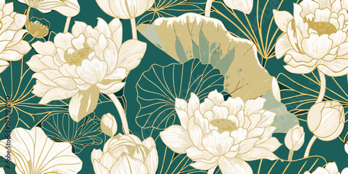Elegant floral pattern featuring stylized lotus flowers and golden accents