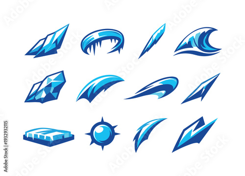 Elemental Cold Icons. Two-Color vector icons of elemental cold shapes: icy shard edge, curved frost band, frozen taper line, cool