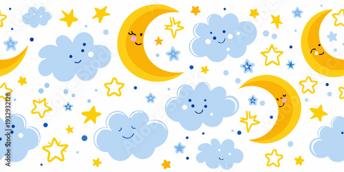 Cute cartoon moons and clouds pattern with stars on a white background