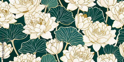 Elegant floral pattern featuring golden lotus blossoms and dark teal leaves
