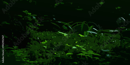 Dark stylized illustration of lush green foliage and plant life