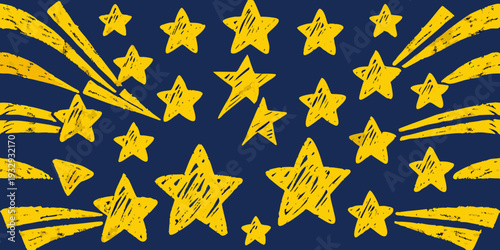 A vibrant display of golden stars and radiating bursts on deep blue