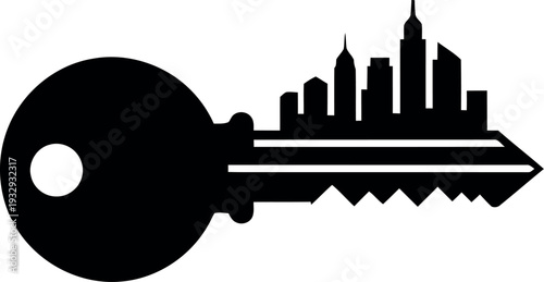 Black city skyline silhouette integrated into key shape for real estate and urban security concepts