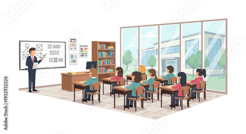 Teacher instructing students in a modern classroom with large windows overlooking school building