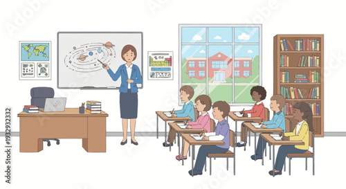 Teacher Explaining Solar System to Students in Classroom