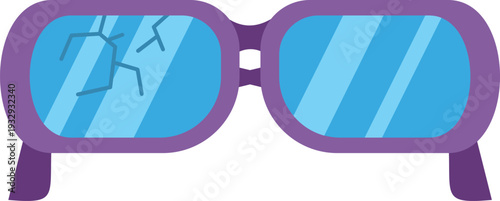 Purple framed glasses with a damaged blue lens showing a cracked pattern