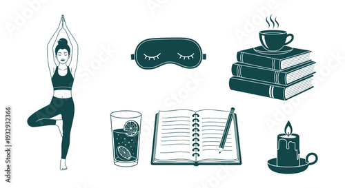 Mindful Yoga Wellness Routine Elements Relaxation Self-Care Daily Habits Serenity Collection Vector