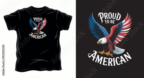 Proud to be american t-shirt design with patriotic bald eagle spreading wings t-shirt design print illustration
