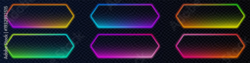 Vibrant blue, pink and green neon tag in compressed hexagon form with radiant outline. Ideal for neon action call signs, promo labels, game UI elements and digital web layouts.