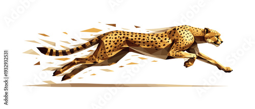 Low-poly vector illustration of a cheetah in full sprint, single powerful animal with sharply faceted anatomy and elongated