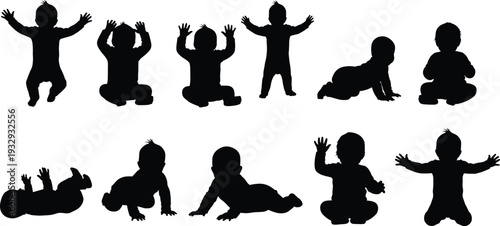 Black Silhouette Set of Cute Babies in Different Poses Like Crawling Sitting and Standing Isolated on White Background for Design
