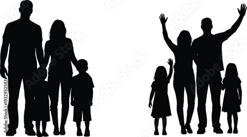 Black Silhouette Vector Illustration of a Happy Family with Children Standing Together and Raising Hands in Celebration and Joyful Unity