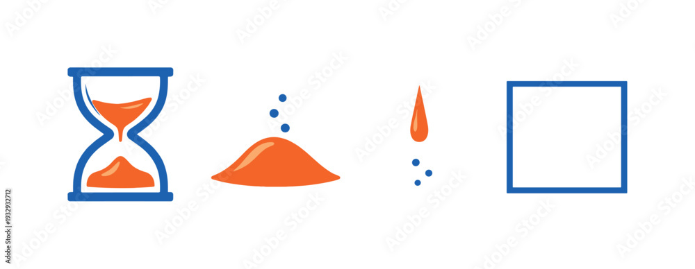 Fototapeta premium Two-Color vector icons of minimal time essence: plain hourglass outline, simple sand mound, single falling grain, clean frame